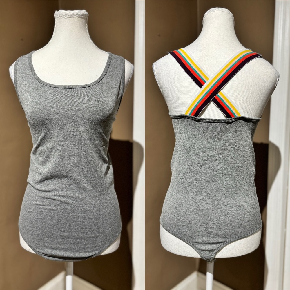 Gray Tank Top Thong Bodysuit with Rainbow Criss-Cross Straps - Size M